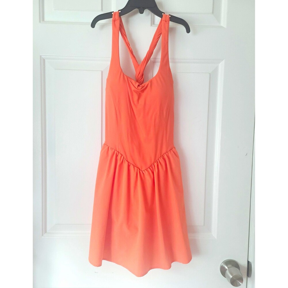 Women’s Orange V-Neck Strappy Sleeveless A-Line Lined Mini Dress XS